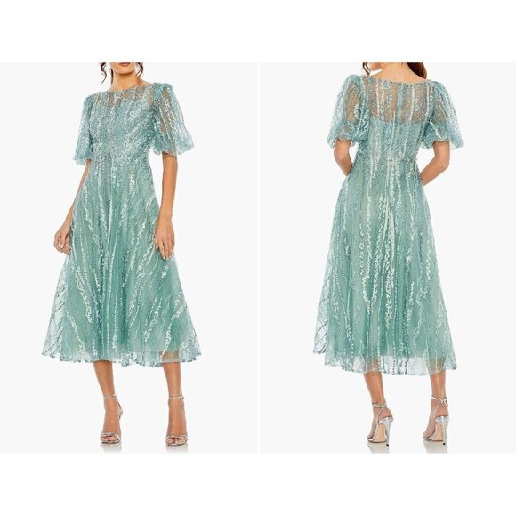New Mac Duggal Size 4 Embellished Puff Sleeve Midi Cocktail Dress Color Seafoam - Picture 1 of 14